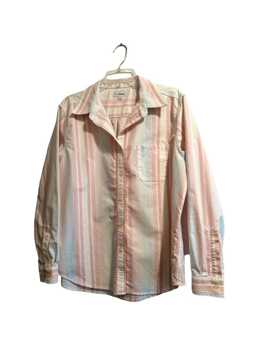 L.L. Bean Striped Button Down Shirt Womens Large Pastel Colors 100% Thick Cotton